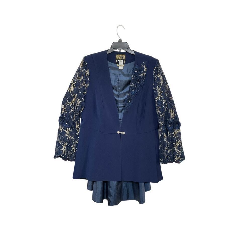 Champagne Italy Blue/Gold Lace Flare Sleeve Jacket Floral Hi-low 24 Plus Church